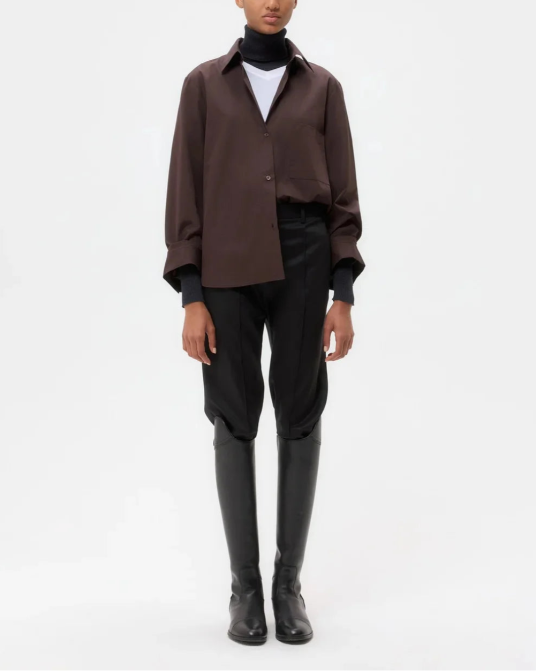 TWP Next Morning shirt chocolate on figure front