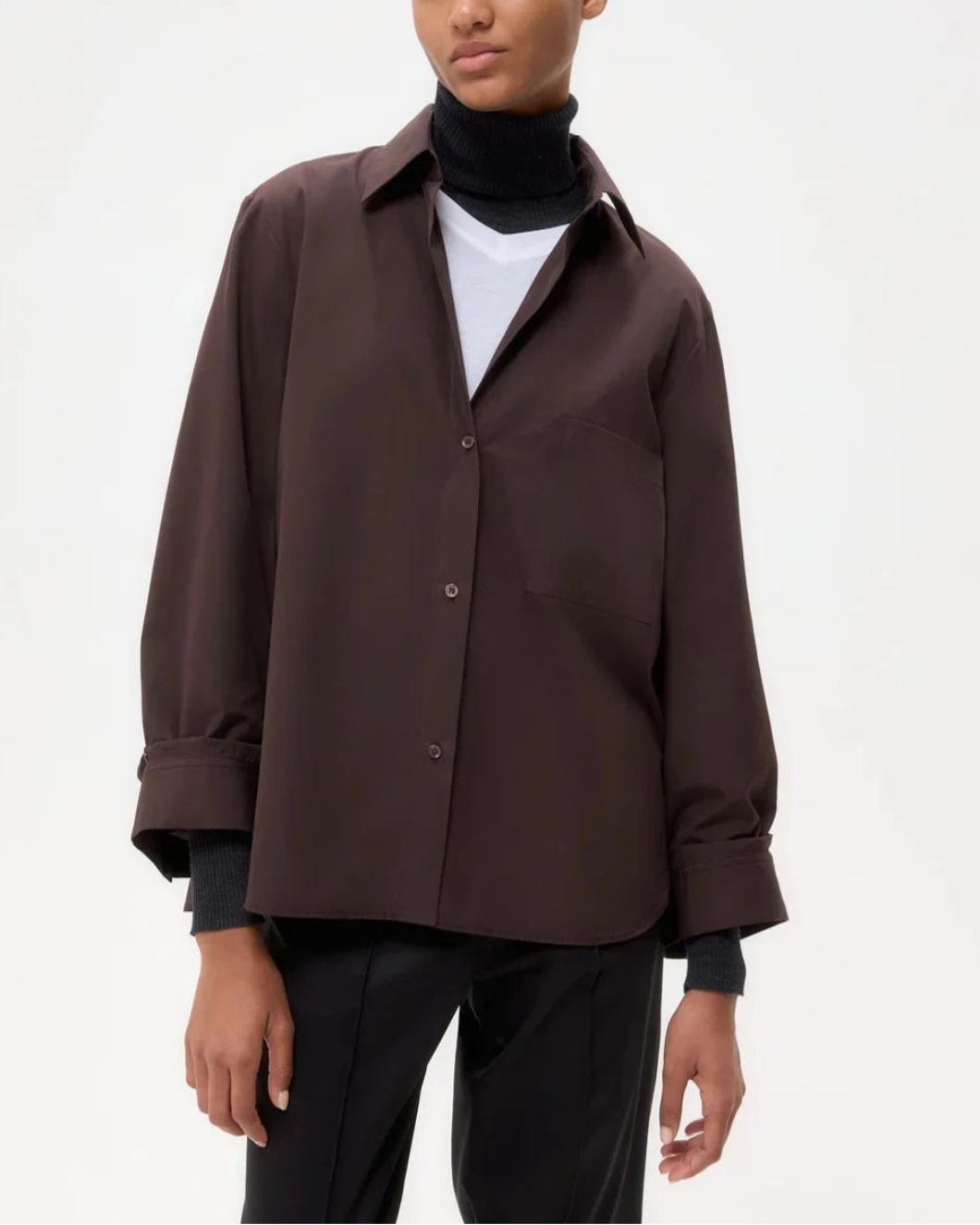 TWP Next Morning shirt chocolate on figure front