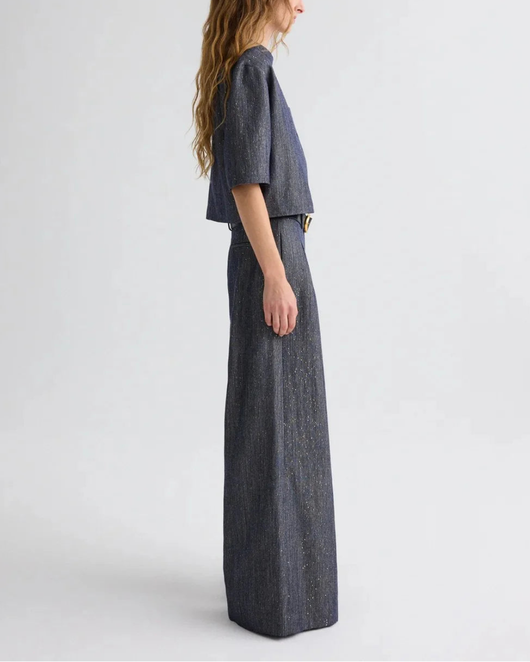 TWP avery pant medium indigo on figure side