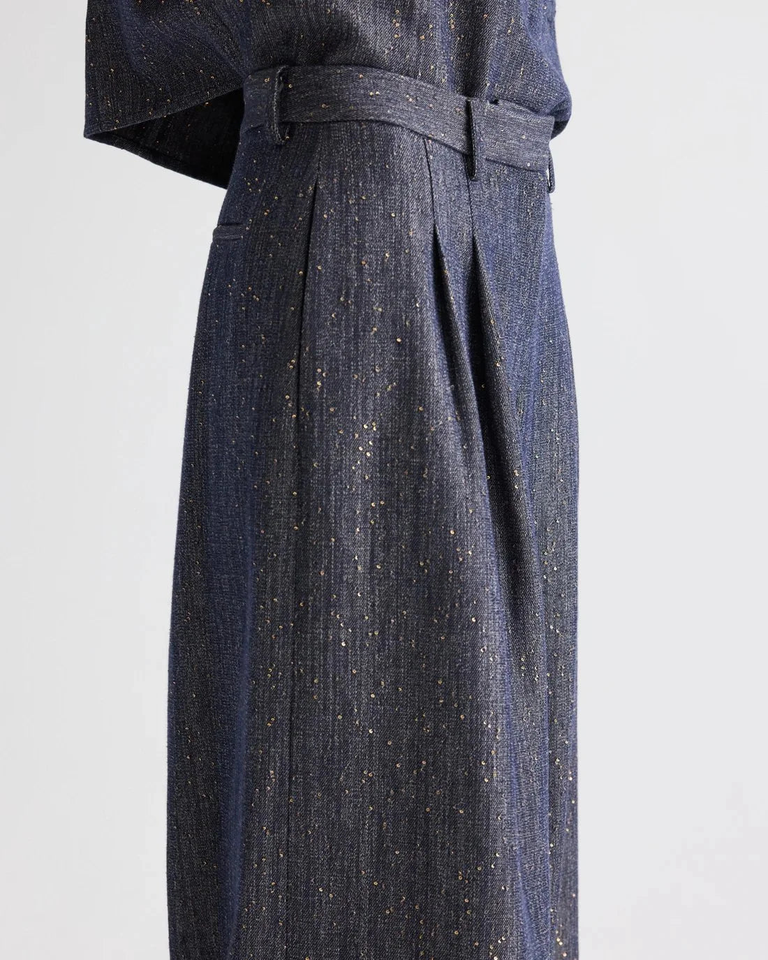 TWP avery pant medium indigo on figure side detail