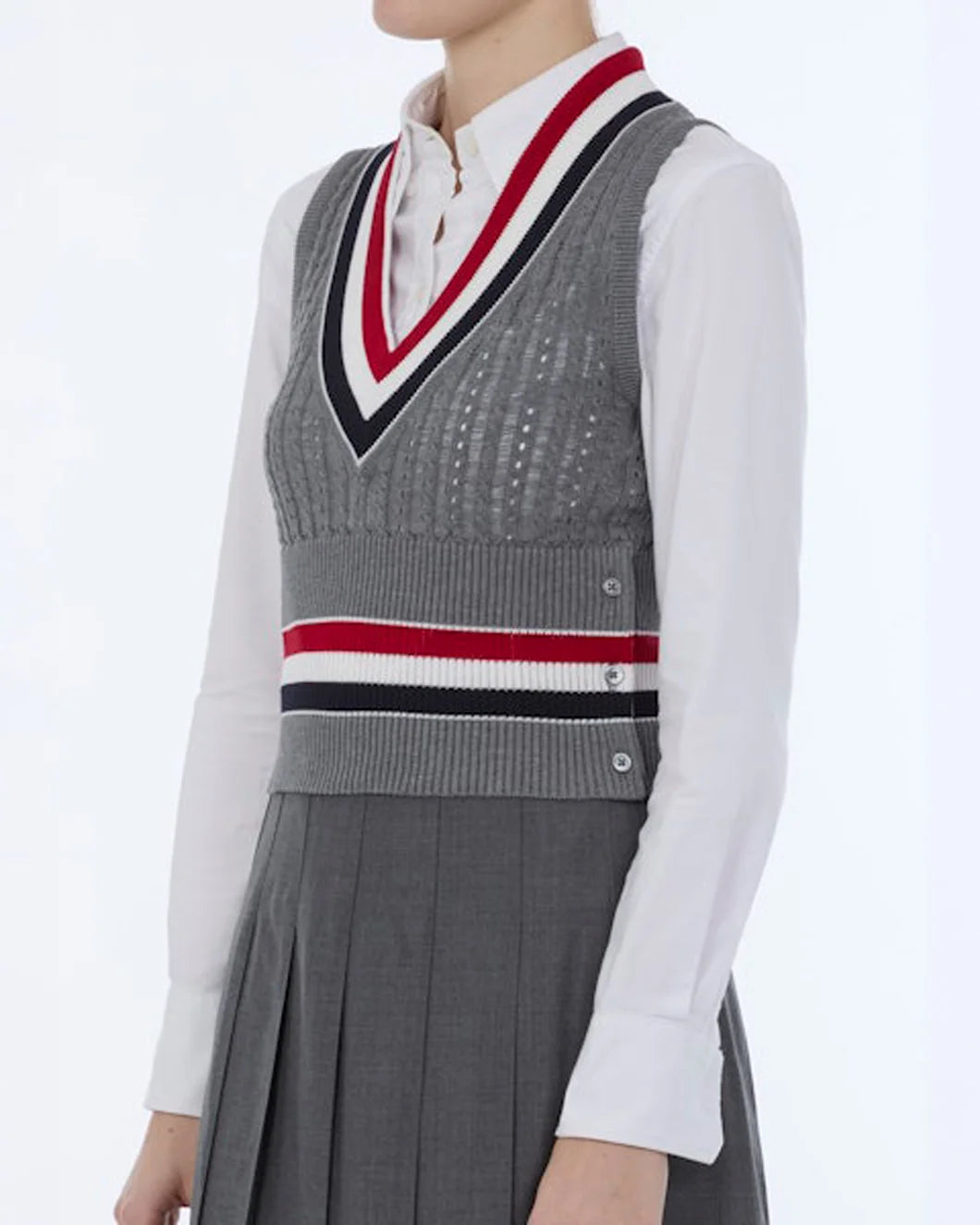 Thom Browne Baby Ladder Cable V-Neck Vest on figure side