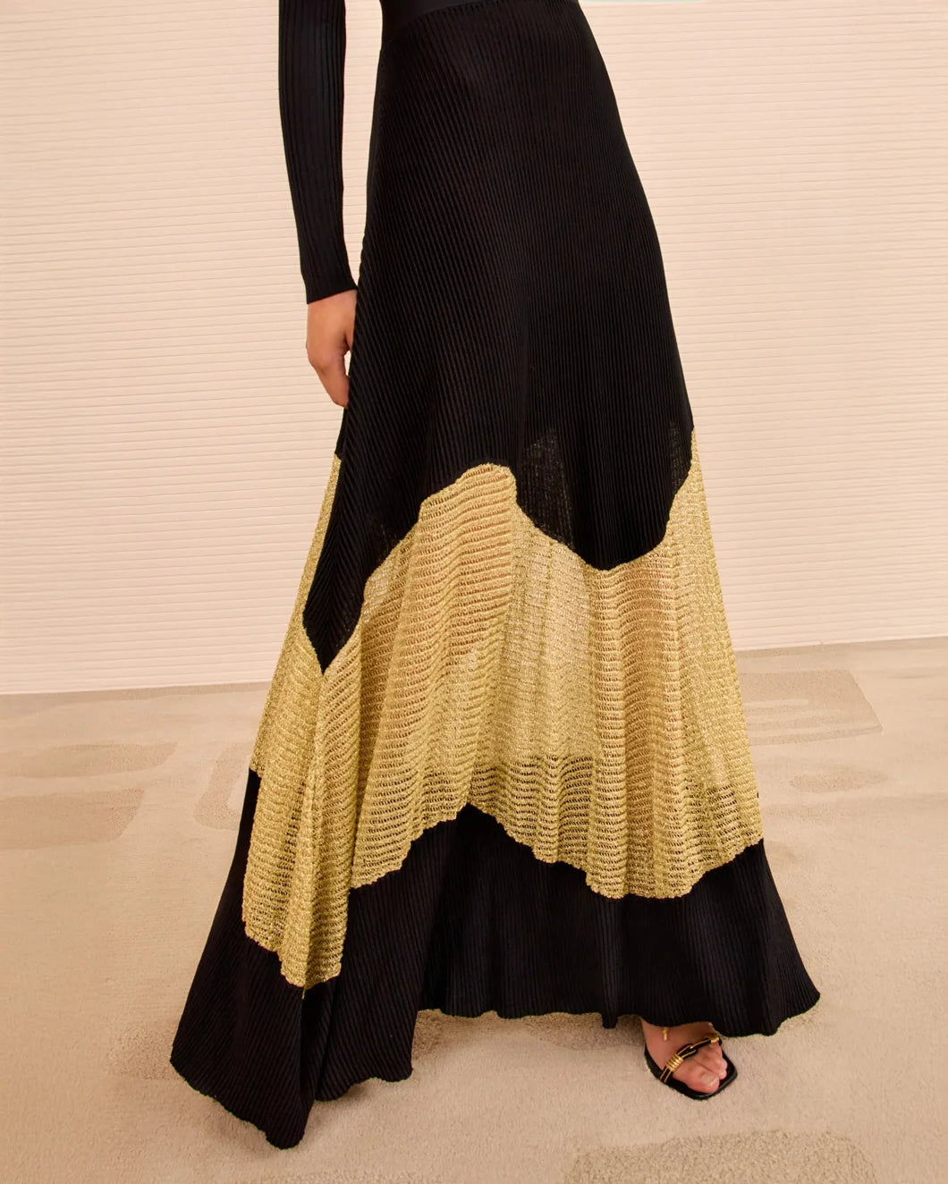 ULLA JOHNSON roanne dress lurex gold noir on figure hem detail