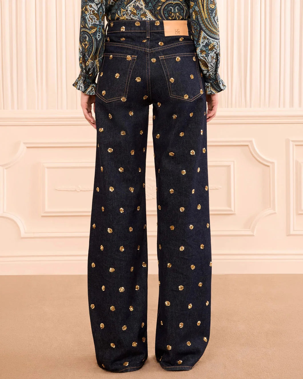 ULLA JOHNSON The Willow Embellished Wide Leg Jean on figure back detail