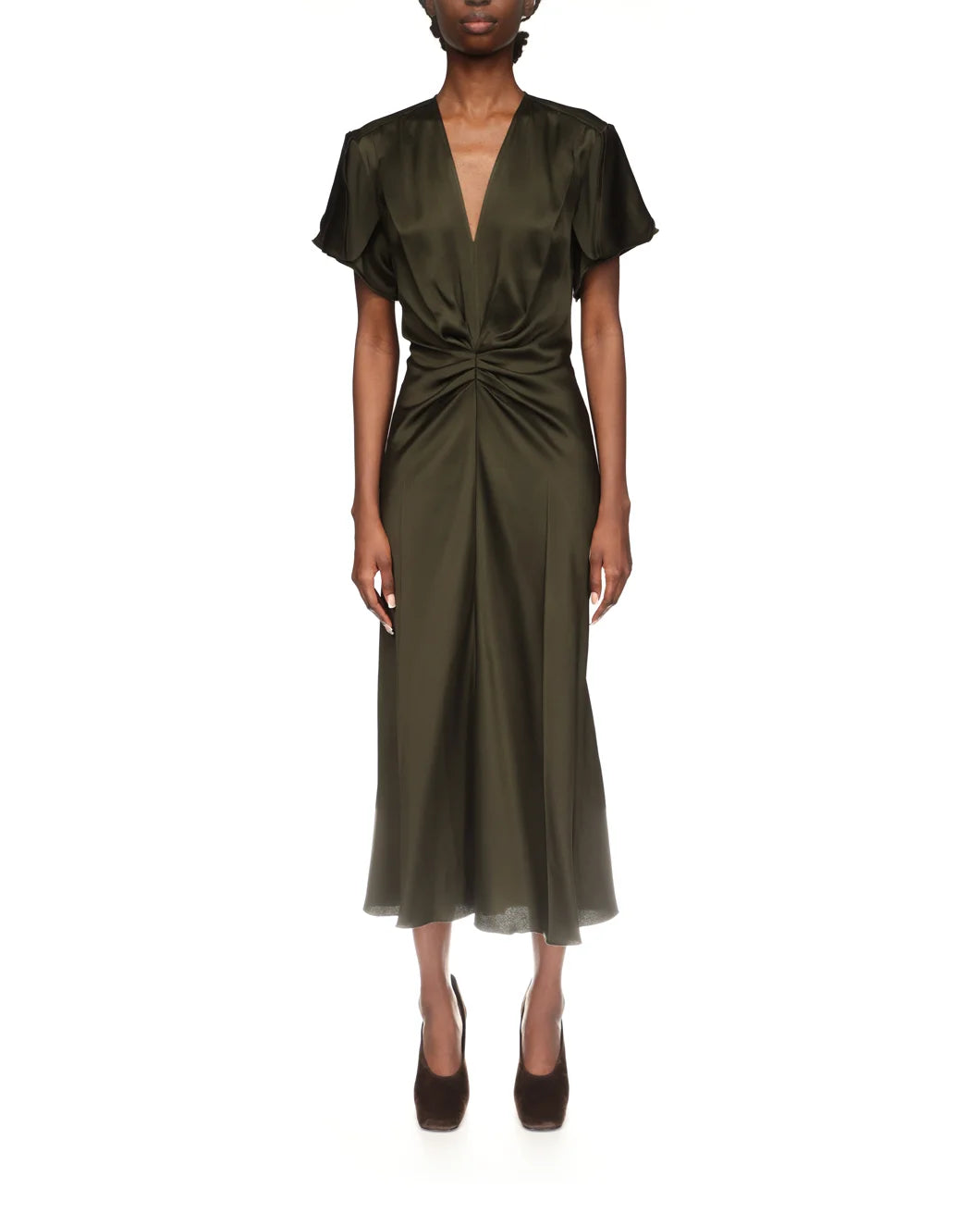 VICTORIA BECKHAM bela v neck midi dress olive green on figure front