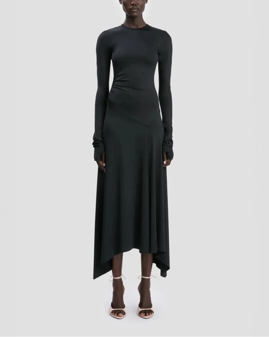 VICTORIA BECKHAM long sleeve midi dress black on figure front