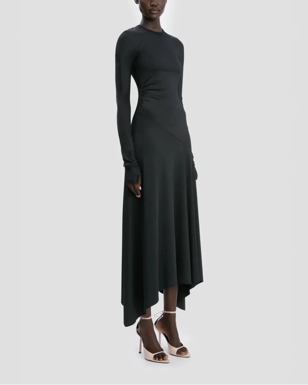 VICTORIA BECKHAM long sleeve midi dress black on figure side
