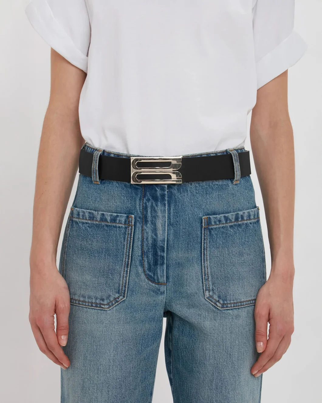 VICTORIA BECKHAM silver buckle jumbo dorian belt black grained leather on figure front