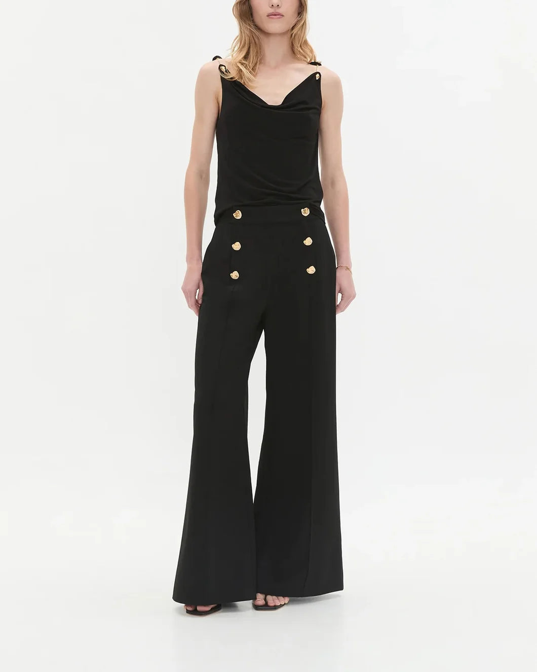 aje Gabrielle Pant black with gold button detail on model front