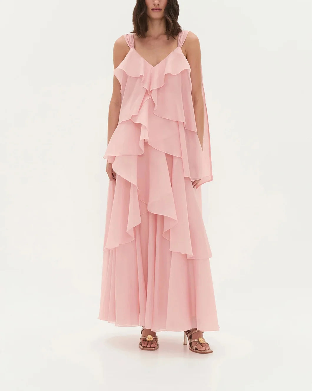 aje Gracie Maxi tiered ruffle Dress in muted rose pink on model front view