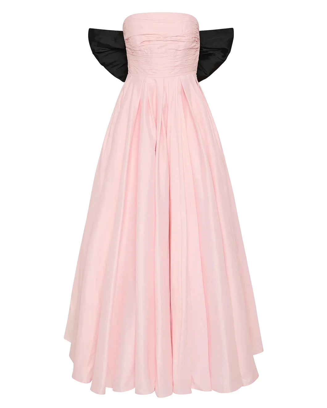 Aje Thea strapless pink tint gown with large black bow at the back