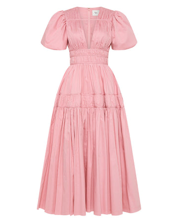 aje fallingwater ruched midi dress chalk pink dress on figure isolated