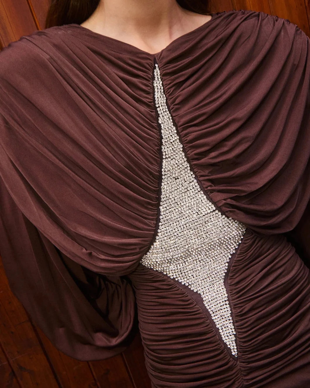 alemais sustainable dress gown silvio ruched midi dress on figure front detail