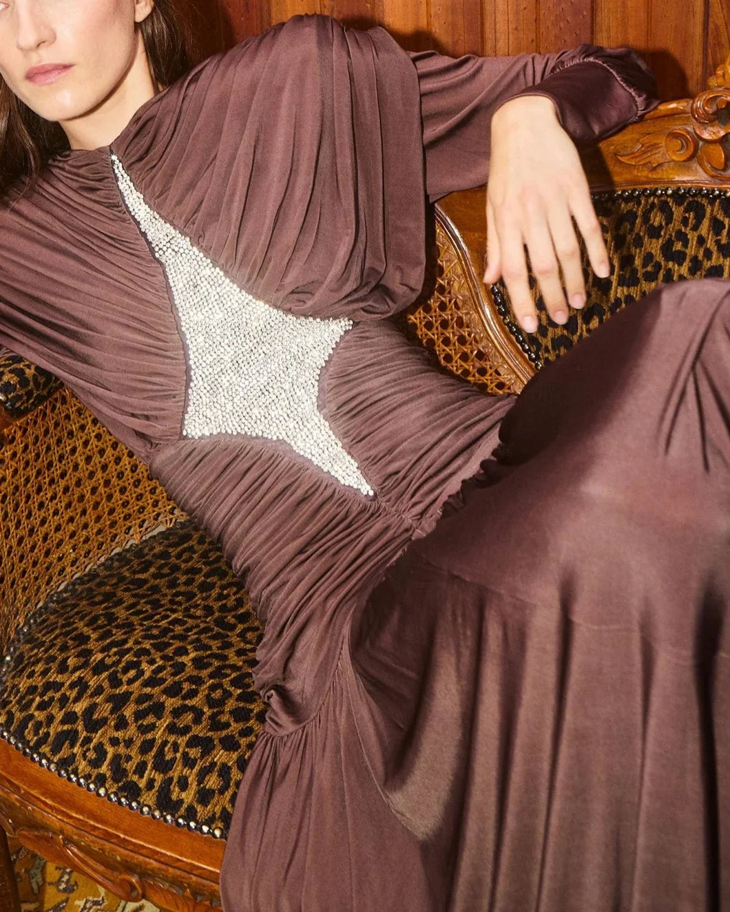 alemais sustainable dress gown silvio ruched midi dress on figure front detail