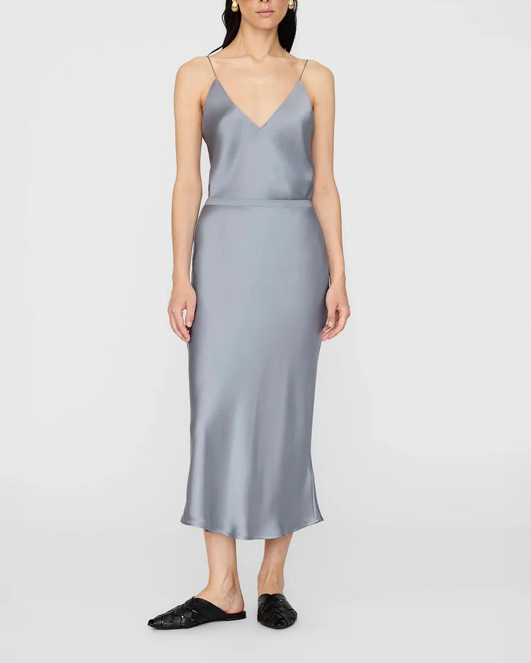 anine bing Bar Silk midi Skirt in Pastel Blue on model front view