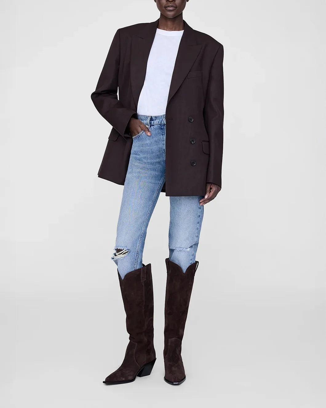 anine bing tall tania western boots in dark brown suede shown on model