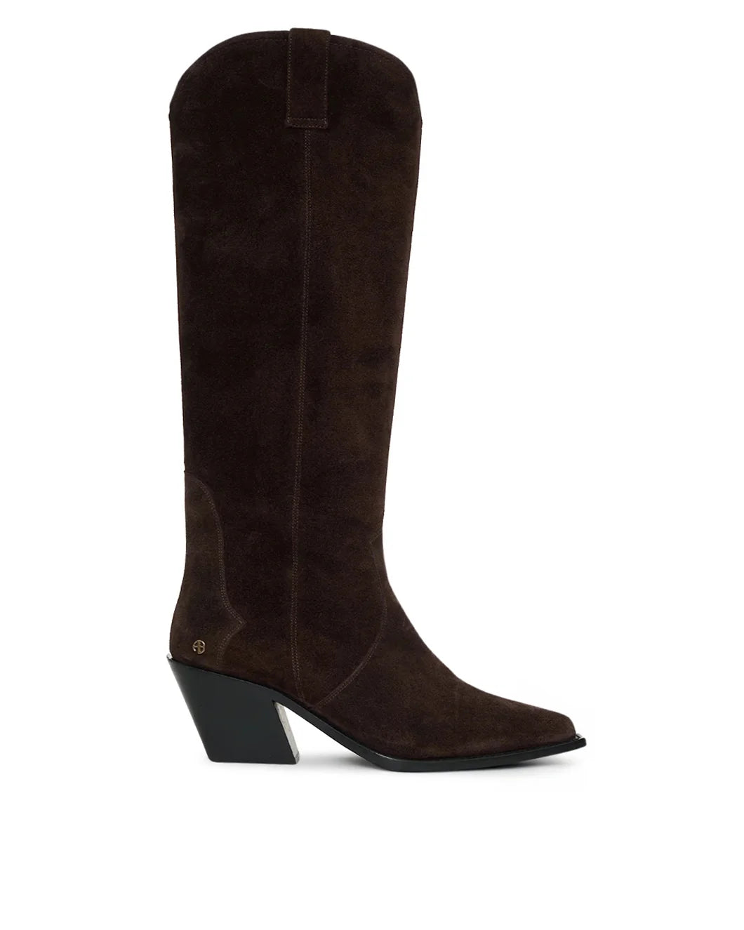 anine bing tall tania western boots in dark brown suede shown from the side