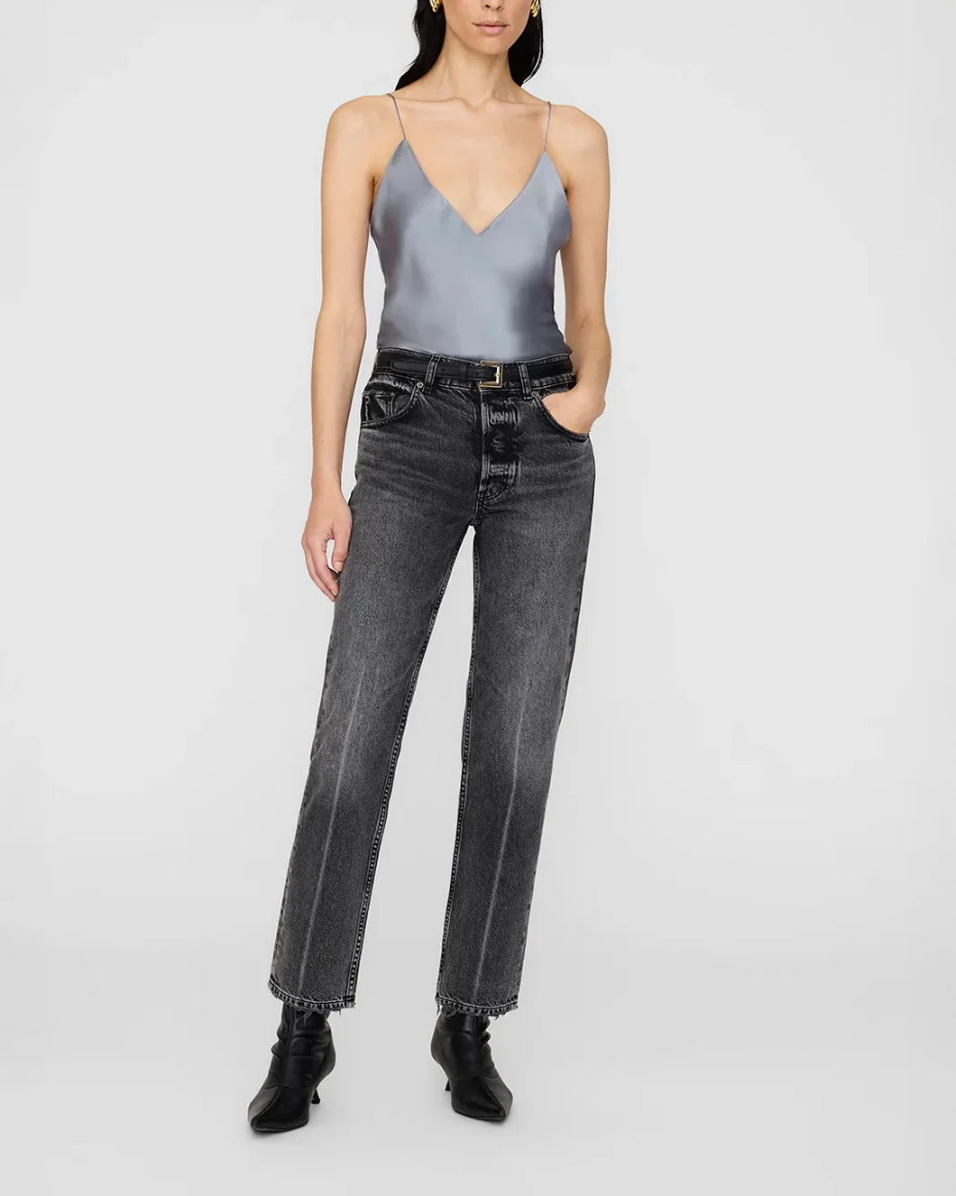 anine bing Ellen silk tank Top in Pastel Blue on model front view