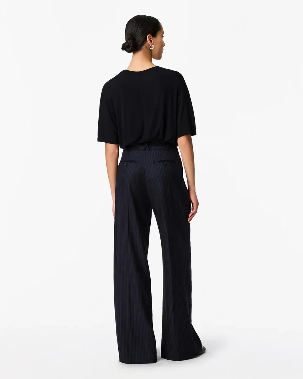 another tomorrow twill pleated trouser navy and chalk back