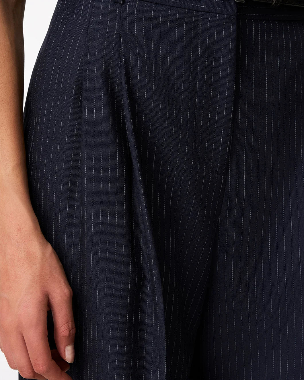 another tomorrow twill pleated trouser navy and chalk detail