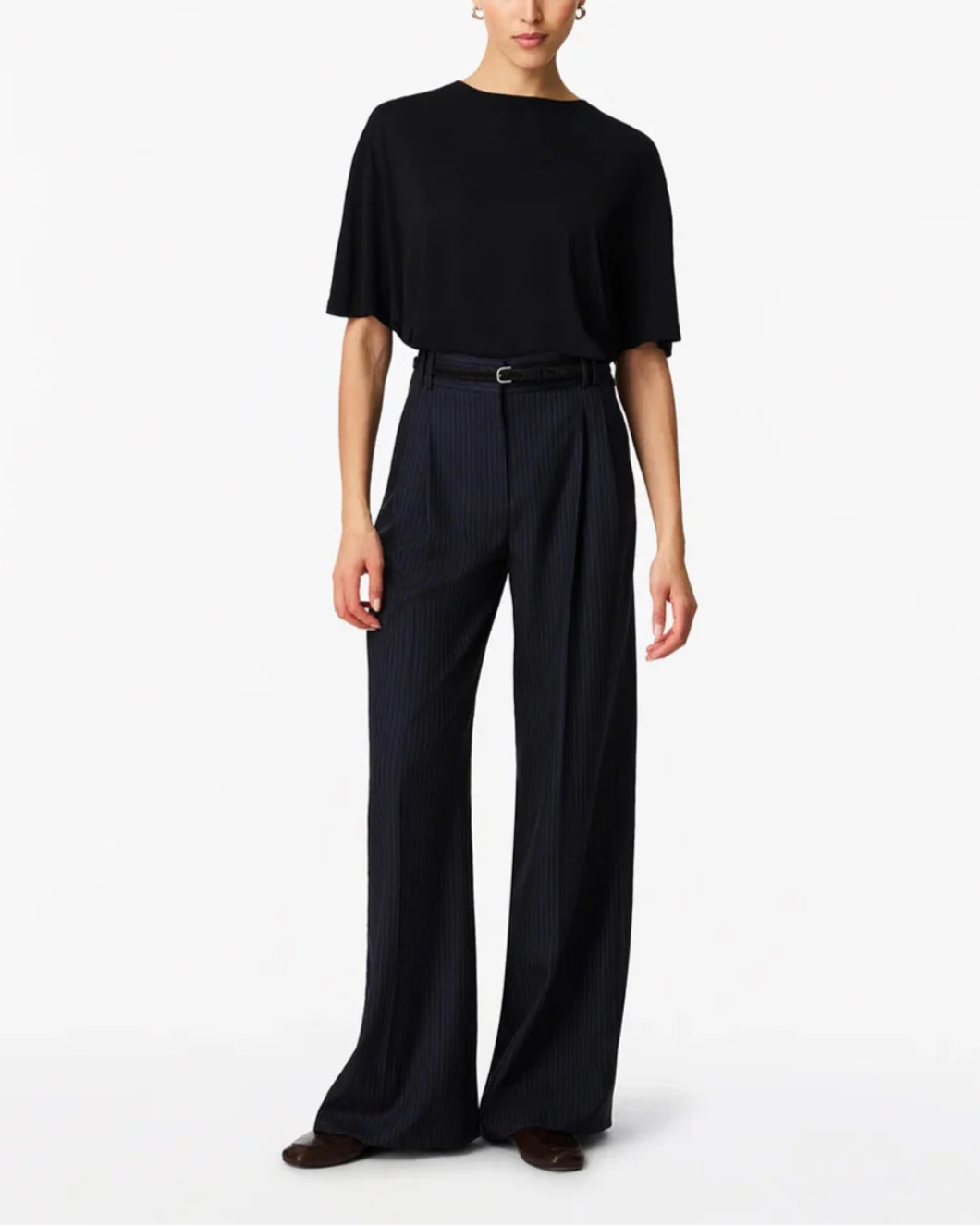 another tomorrow twill pleated trouser navy and chalk front