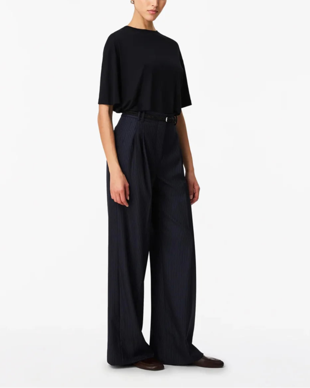 another tomorrow twill pleated trouser navy and chalk side