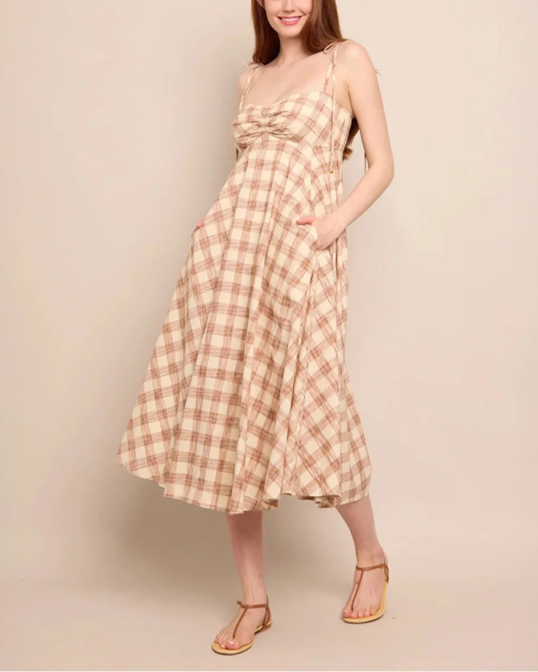 cara cara sunray dress Sketched Plaid Brown front