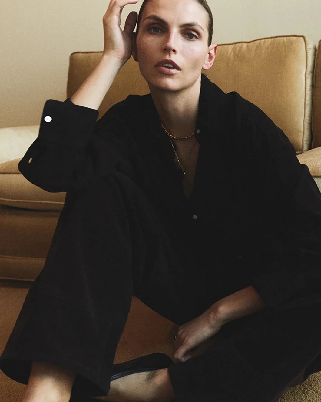 citizens of humanity Kayla Shirt Barrister brown on model seated