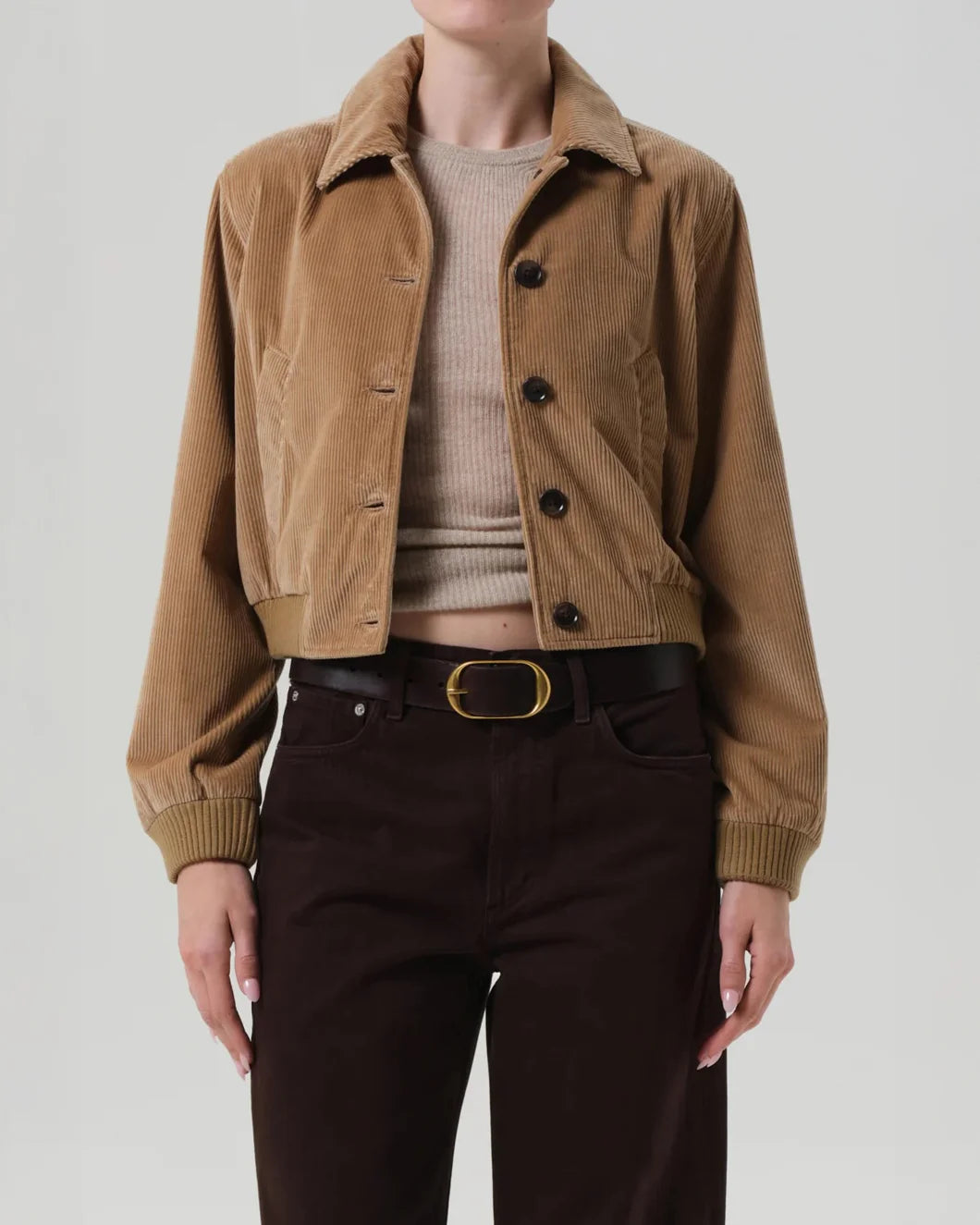 citizens of humanity Lola Eve Bomber in Amber brown on figure front open