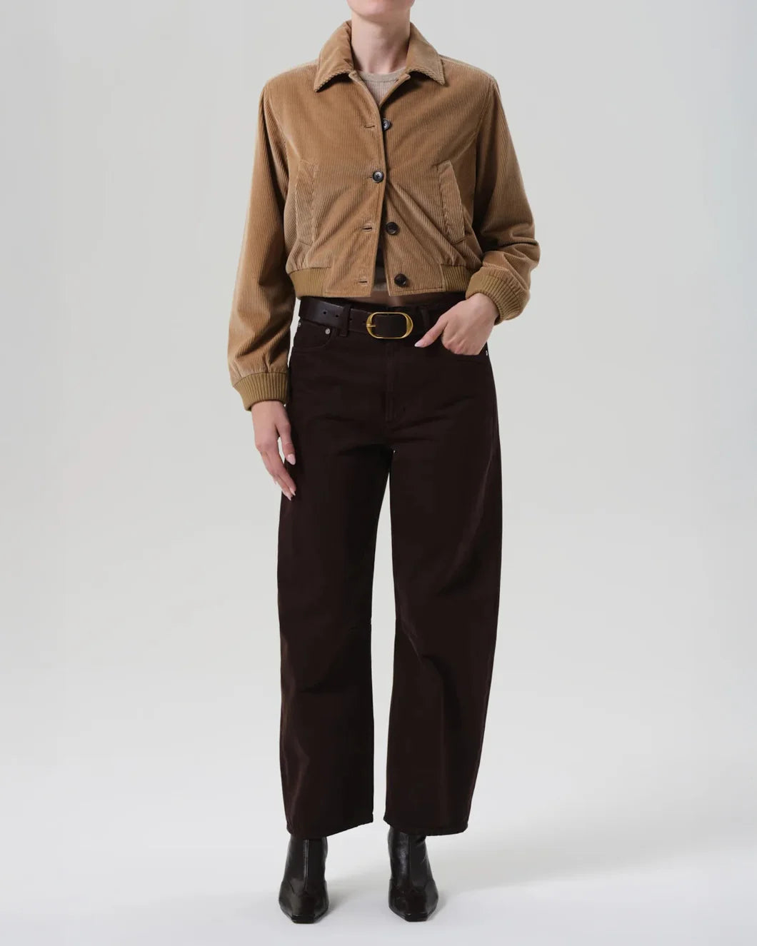 citizens of humanity Lola Eve Bomber in Amber brown on figure front view