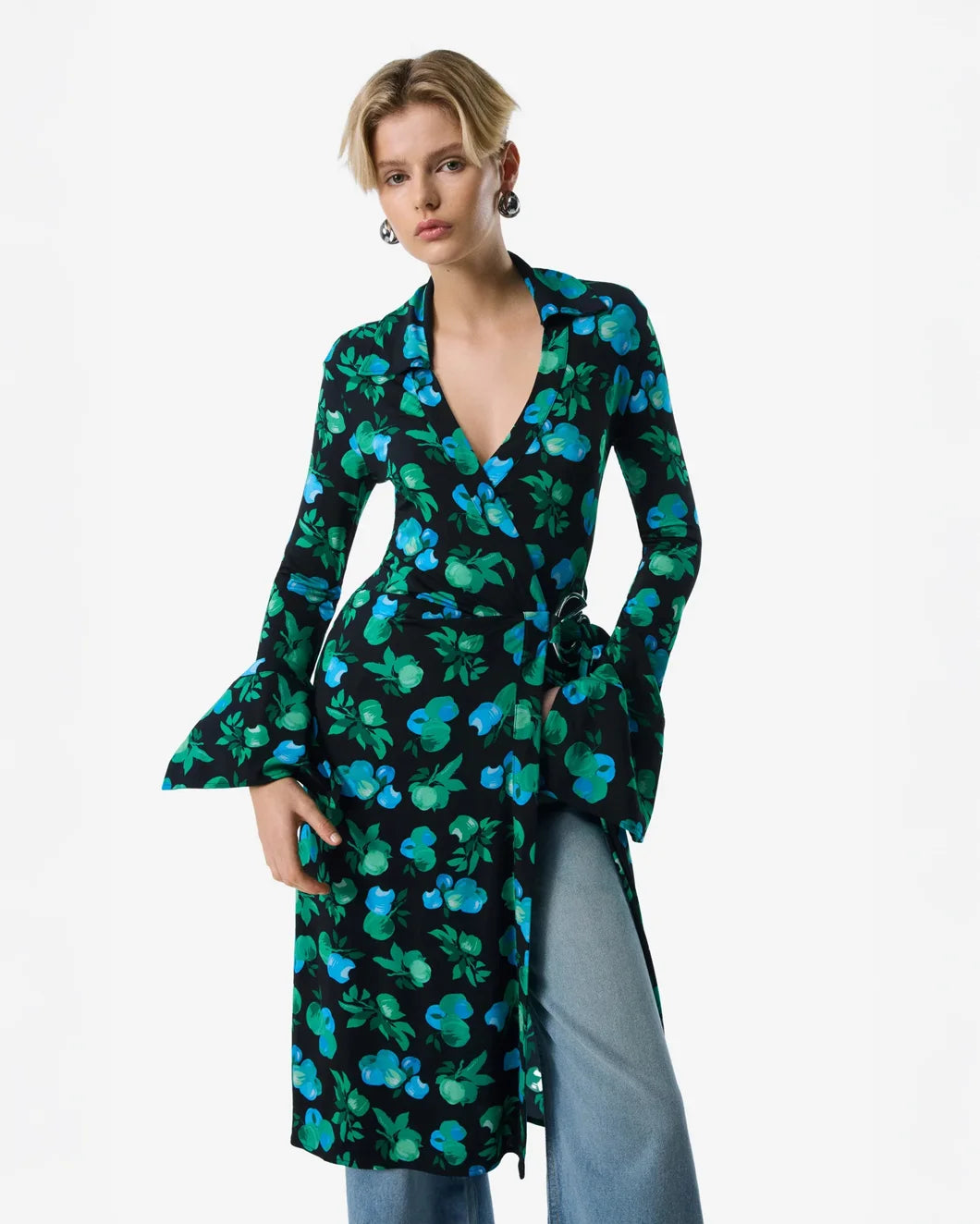 coperni C-Logo Print Wrap Blouse Dress blue apples print on figure front