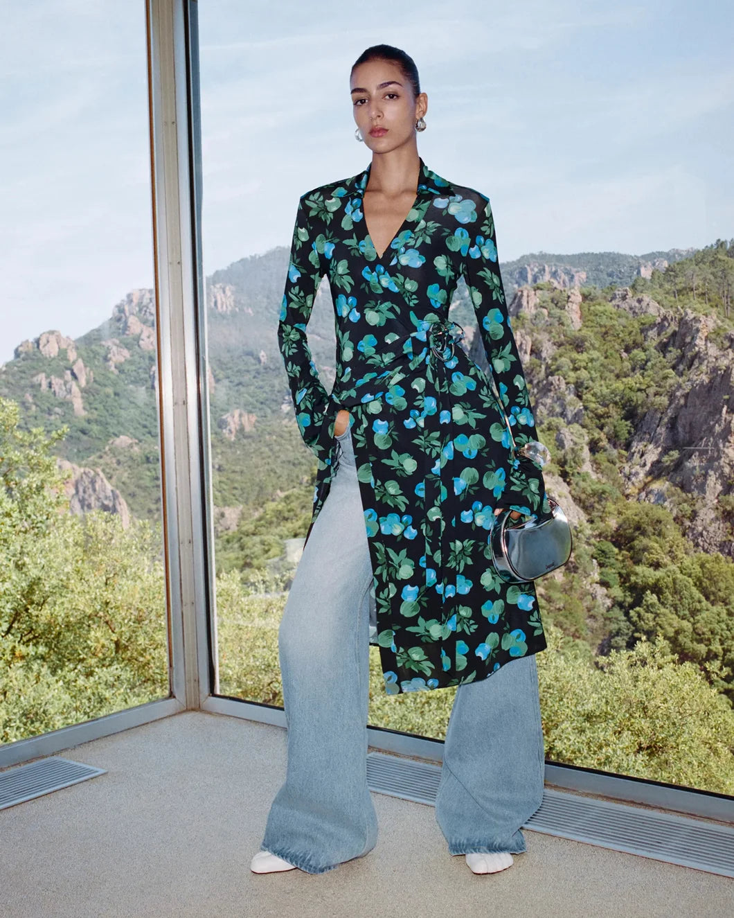 coperni C-Logo Print Wrap Blouse Dress blue apples print on figure front