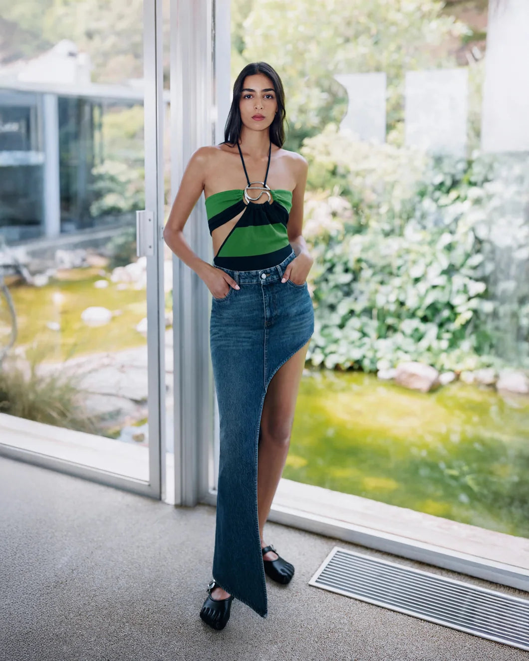 coperni Knitted Striped Bodysuit green and blue on figure front