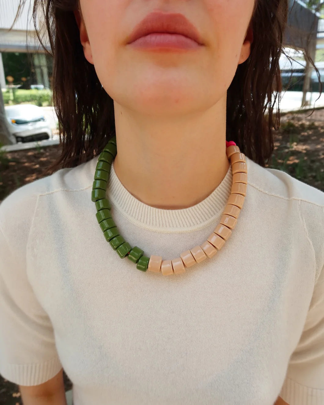 HER NEW TRIBE Crepe & Cash Split Candy Bead Two Necklace on figure front