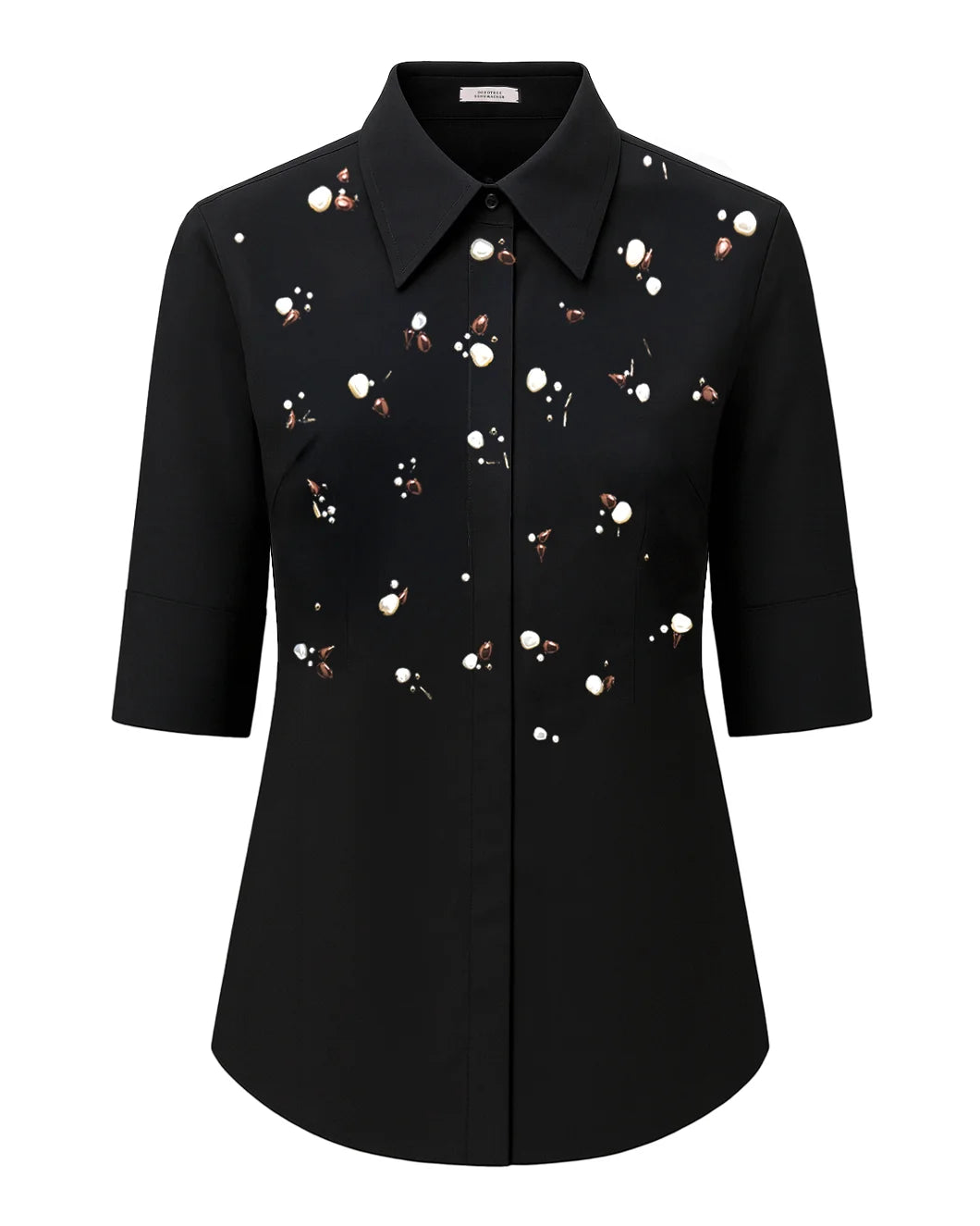 Dorothee Schumacher Poplin Power Blouse in black cotton poplin with pearl and crystal embellishment, classic collar, half sleeves, and turned-up cuffs
