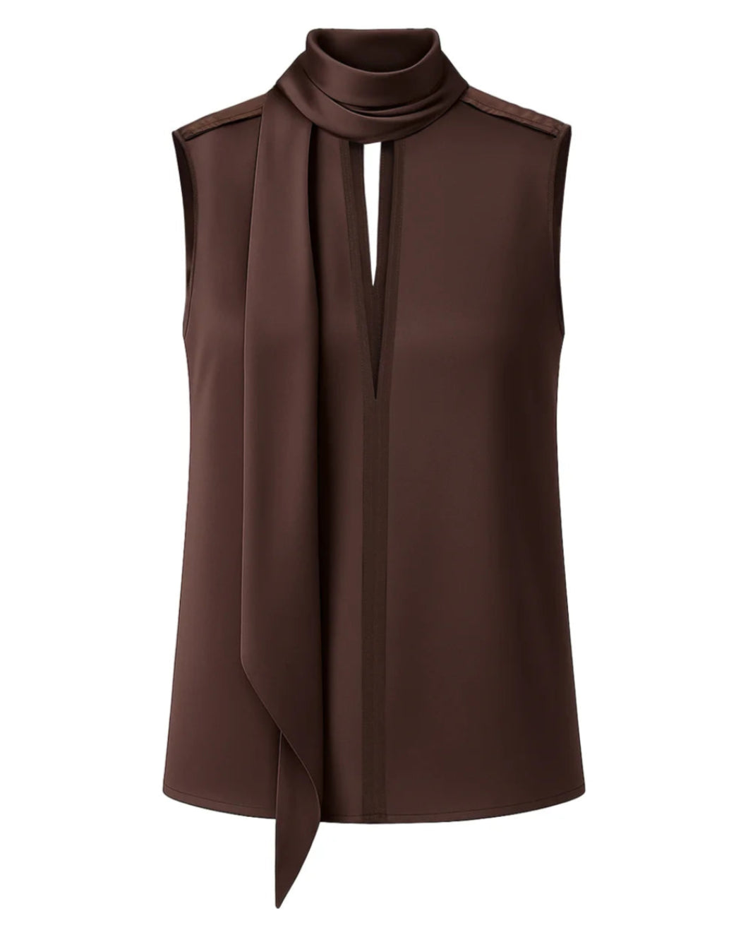 Dorothee Schumacher Sense Of Shine Blouse in chocolate silk satin with scarf neckline and sleeveless draped silhouette