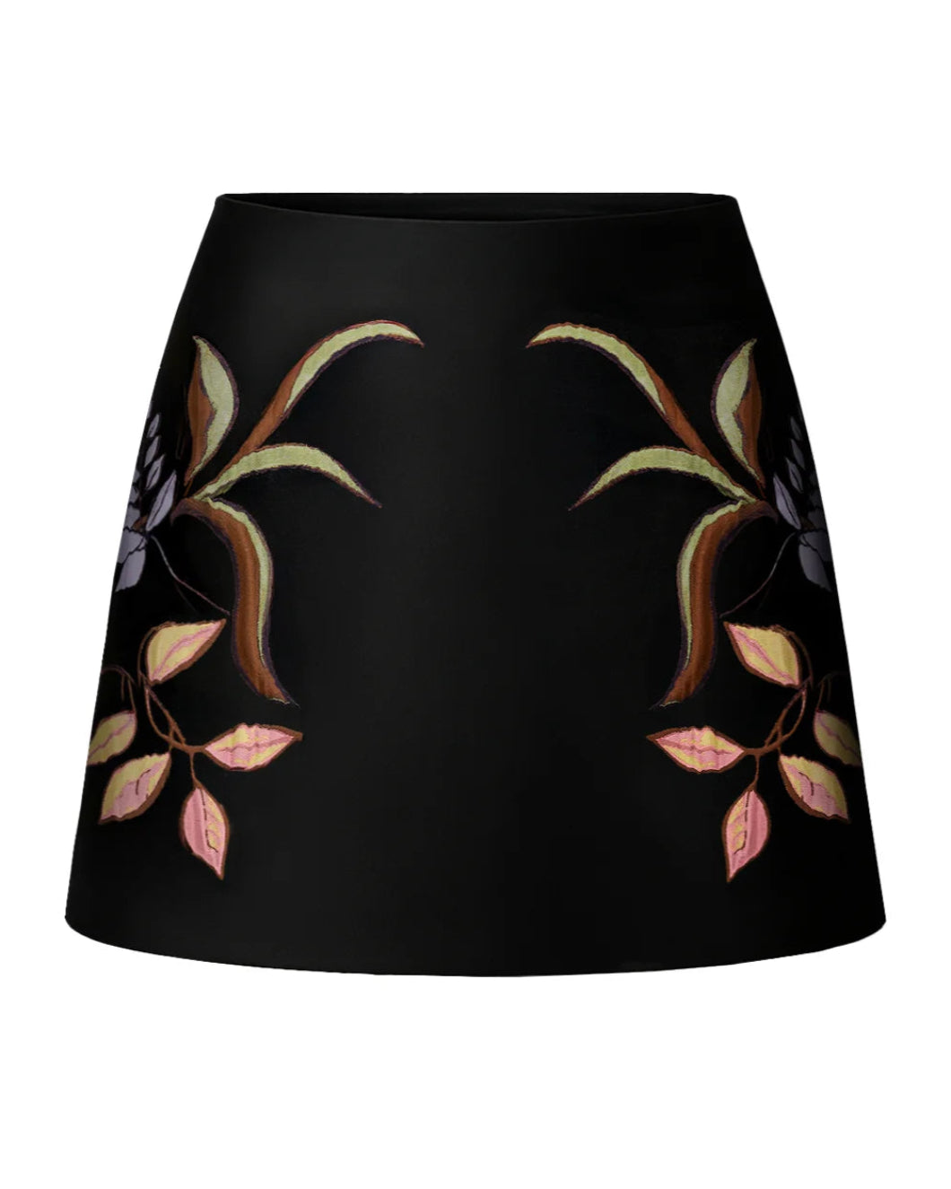 Dorothee Schumacher Soft Petal Skirt in Pure Black with bold floral cloque jacquard and A-line mini silhouette