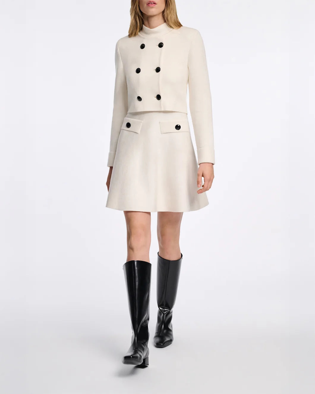 Dorothee Schumacher cropped white wool knit jacket with black buttons