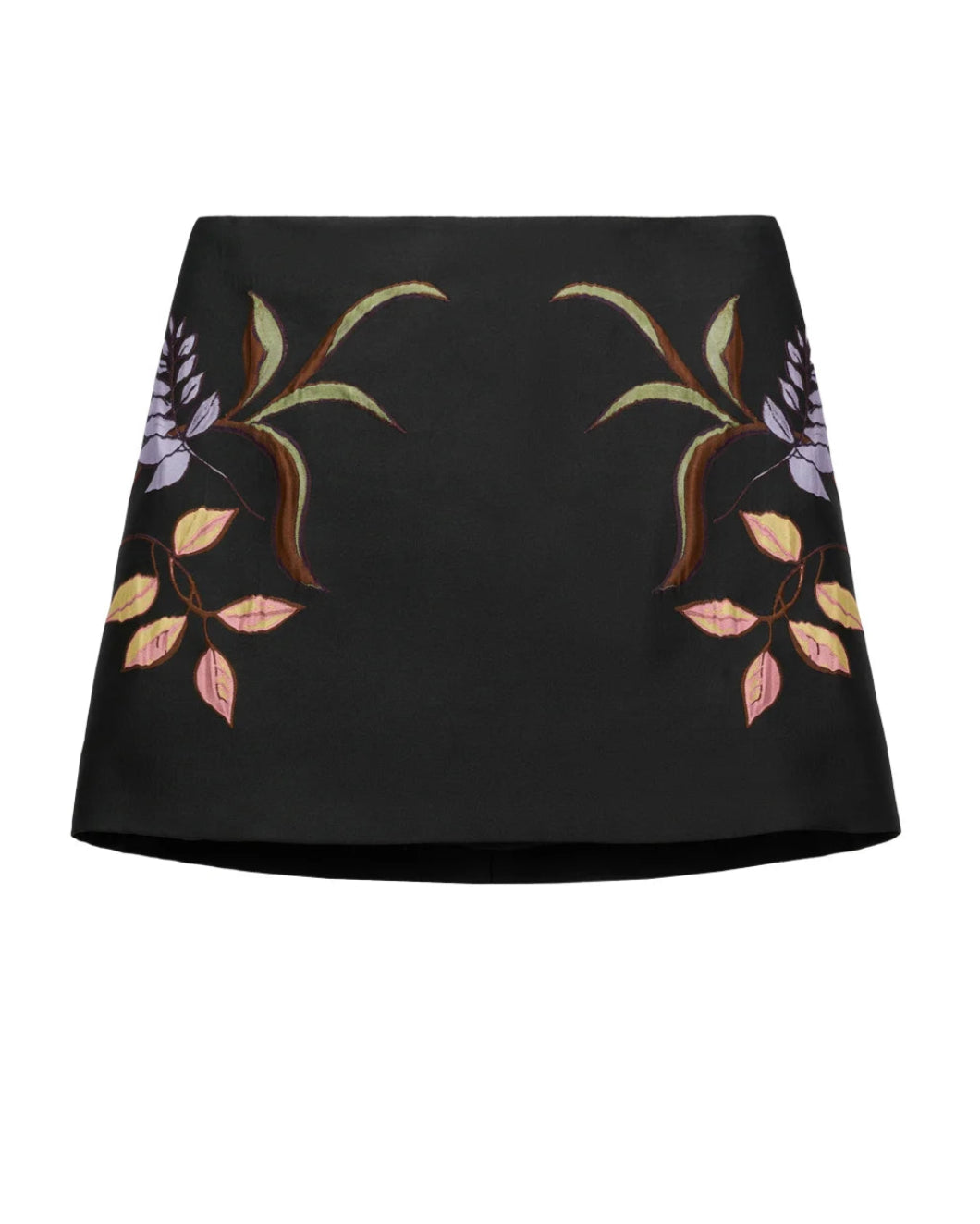 Dorothee Schumacher Soft Petal Skirt in Pure Black with bold floral cloque jacquard and A-line mini silhouette