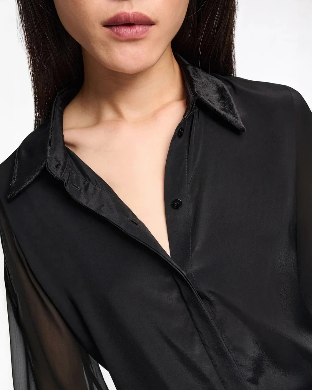 dorothee schumacher velvet whisper blouse pure black on figure front detail