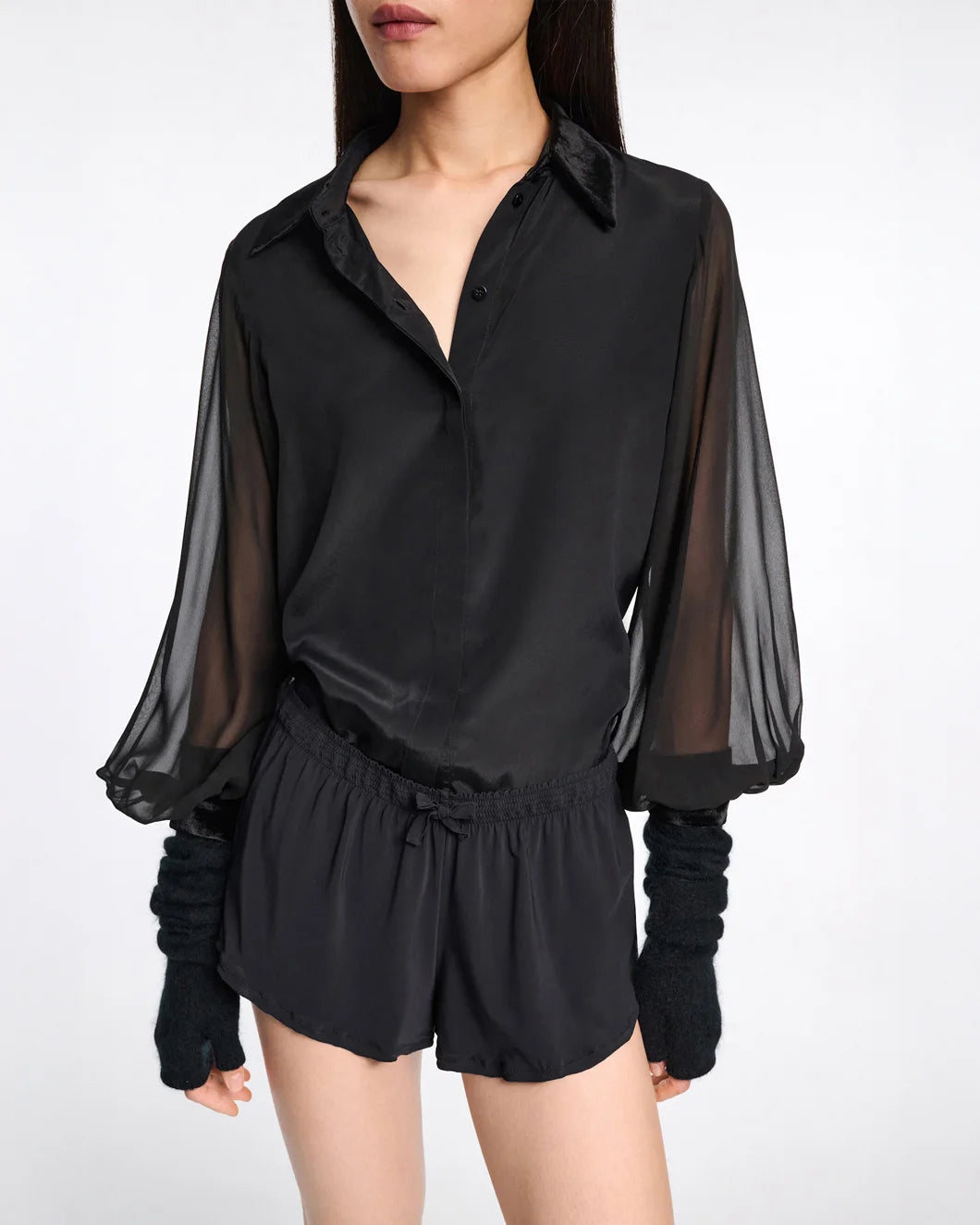 dorothee schumacher velvet whisper blouse pure black on figure front