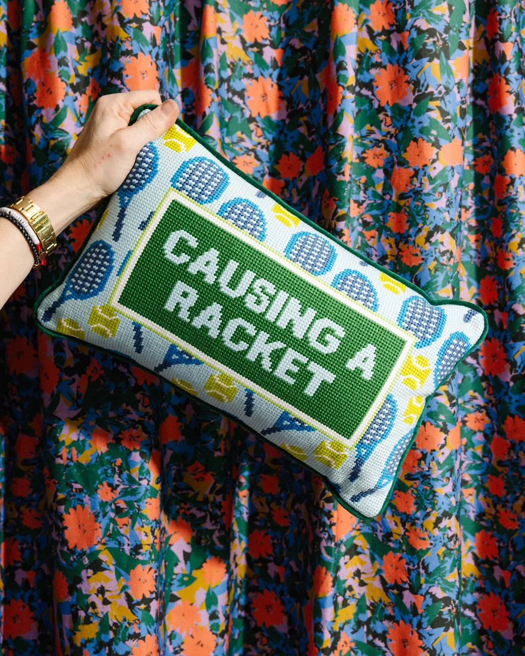 furbish studio Causing a Racket Needlepoint Pillow