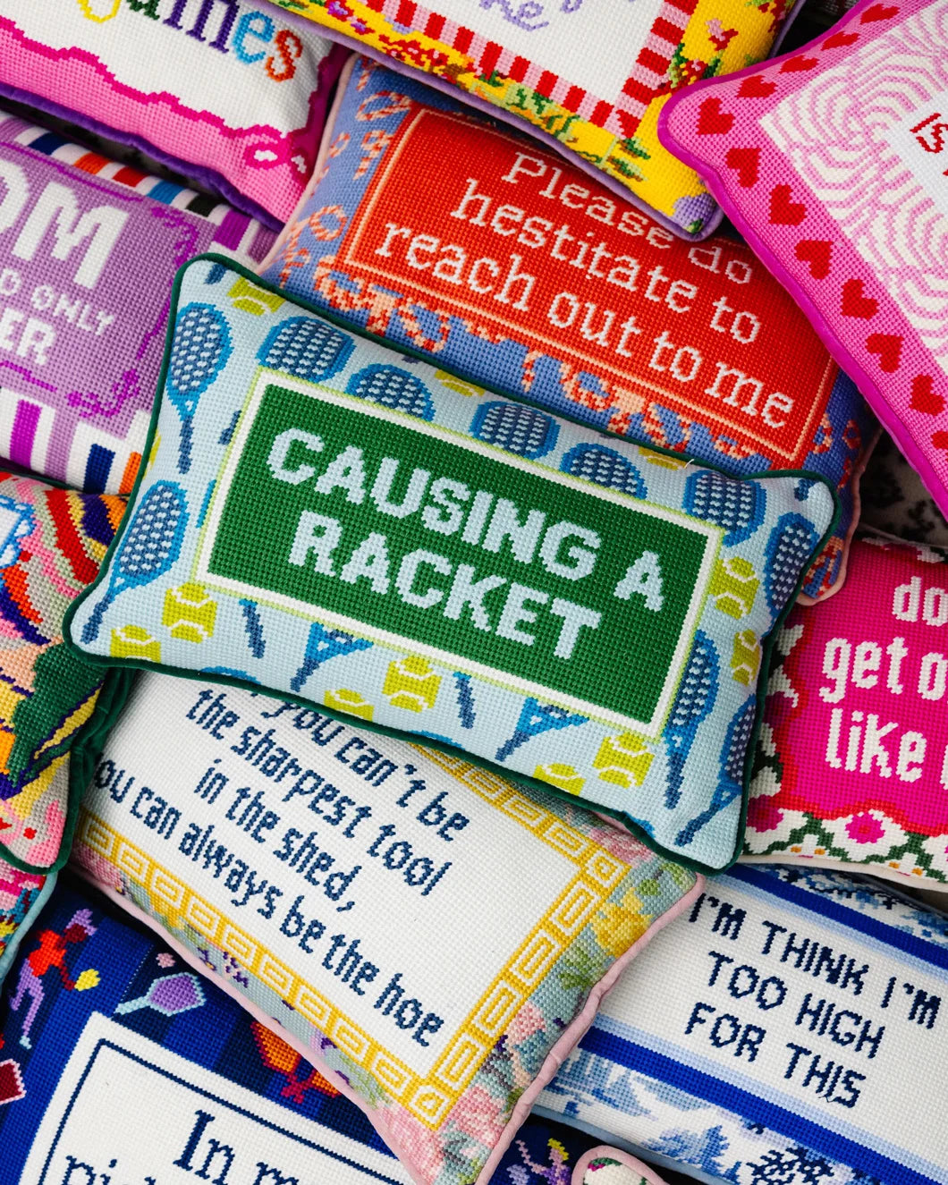 furbish studio Causing a Racket Needlepoint Pillow