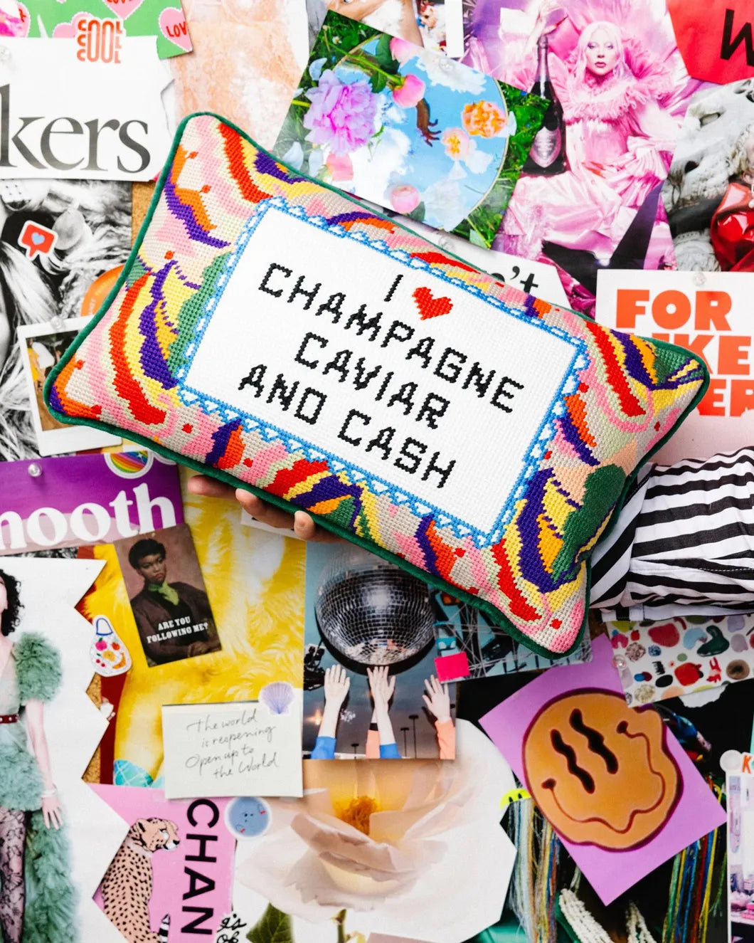 furbish studio Caviar and Cash Needlepoint Pillow