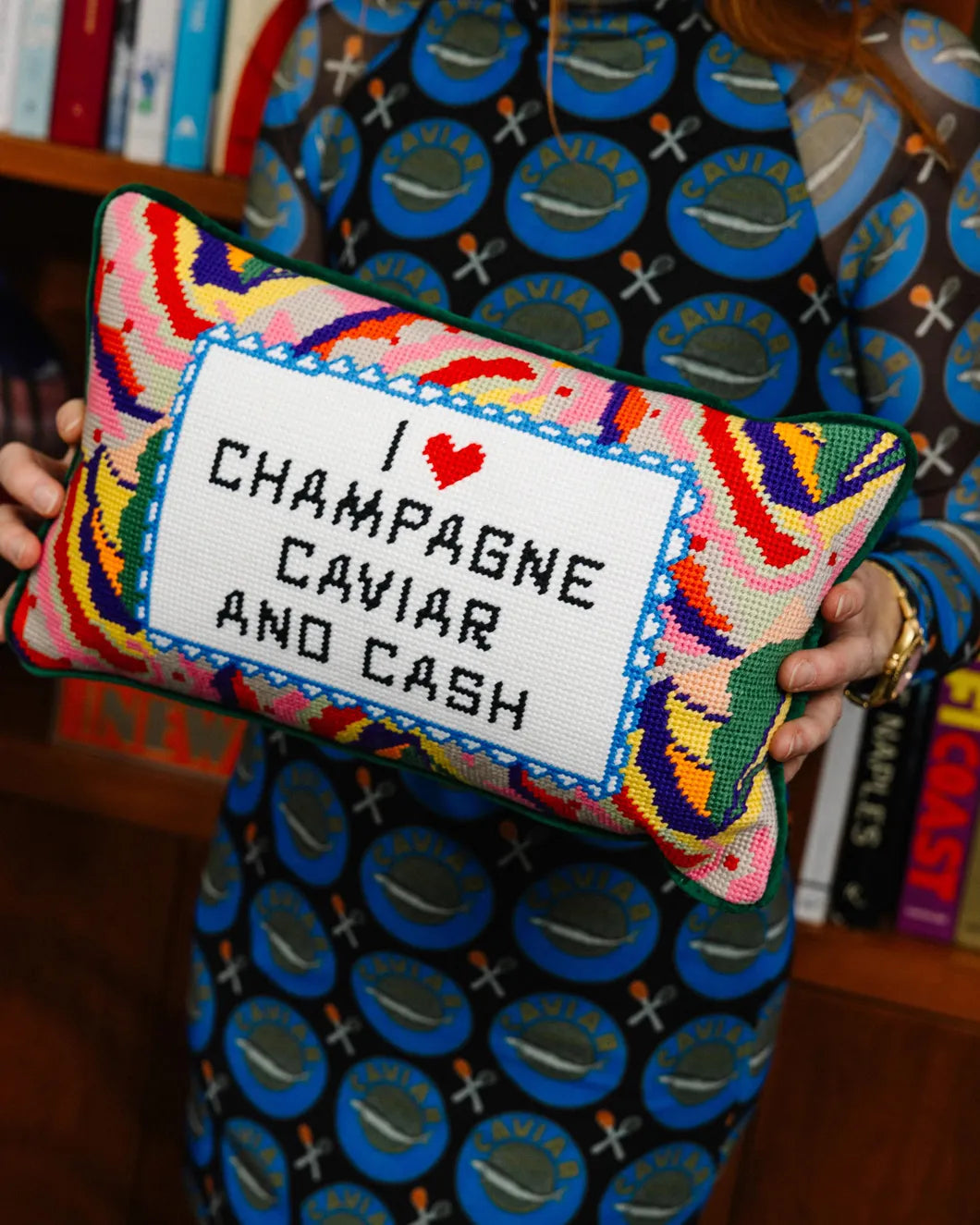 furbish studio Caviar and Cash Needlepoint Pillow