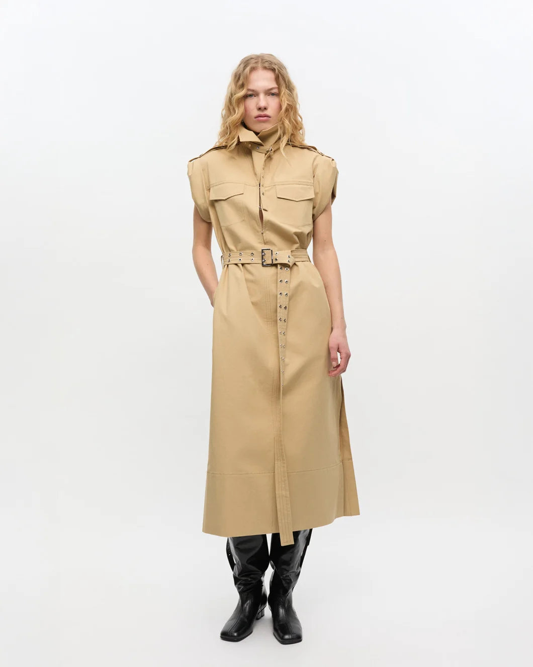 ganni Classic Summer Suiting Cowl Neck Long Dress pale khaki front