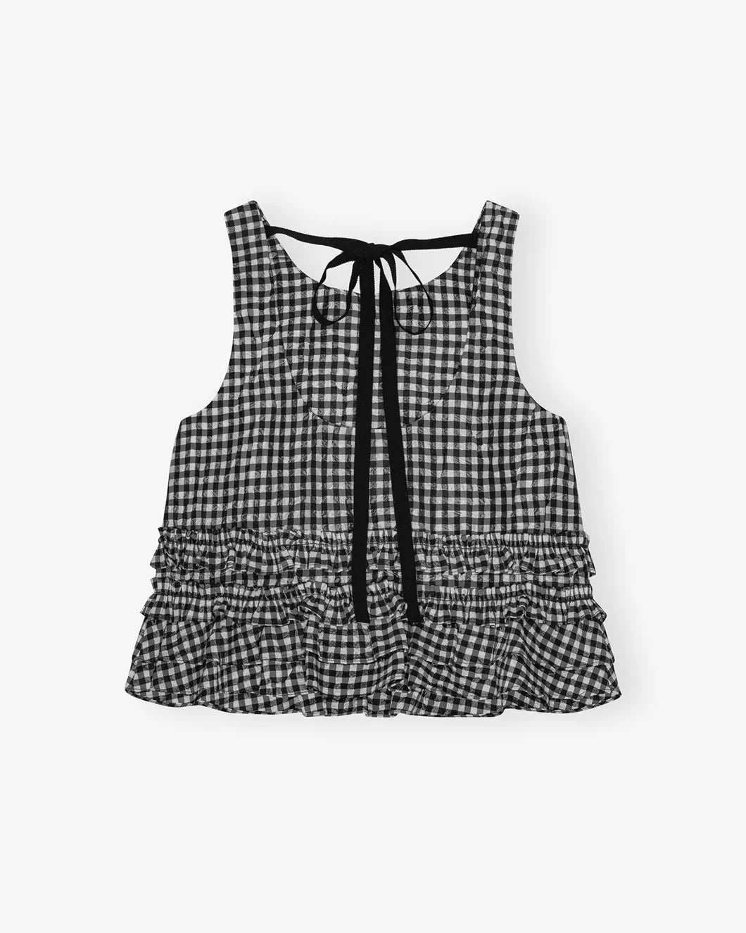 ganni crinkled check frill top black and white back