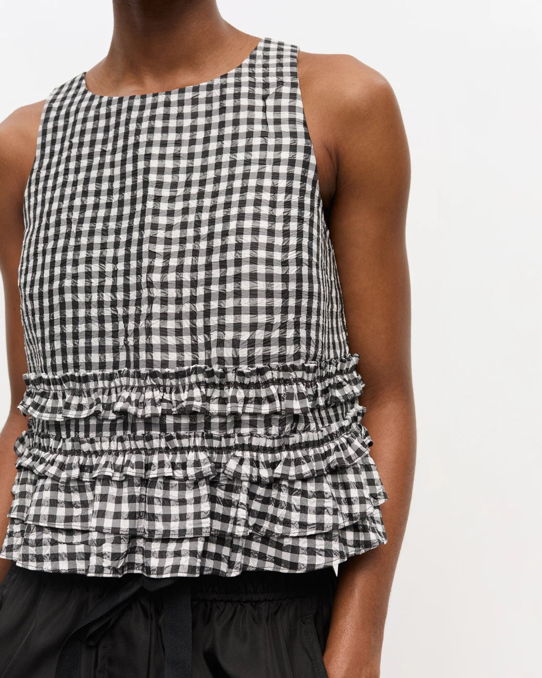 ganni crinkled check frill top black and white front