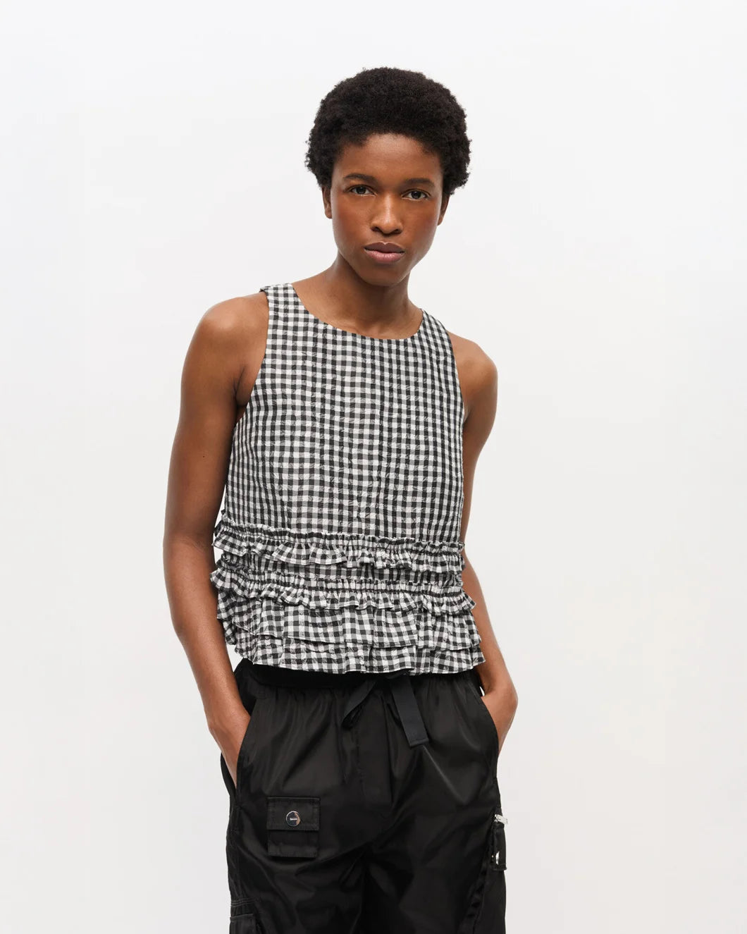 ganni crinkled check frill top black and white front