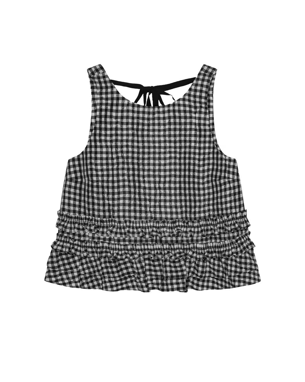 ganni Crinkled Taffeta Check Open Back Frill Top black and white