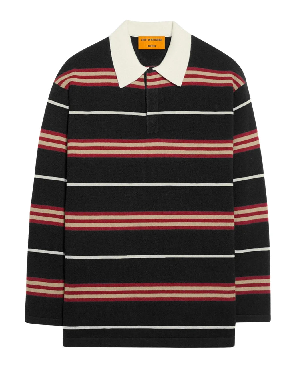 long sleeved striped rugby shirt in black, red, and cream cashmere by guest in residence